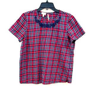 Talbots Size S 100% Cotton Red and Blue Plaid Blouse with Rounded Neckline